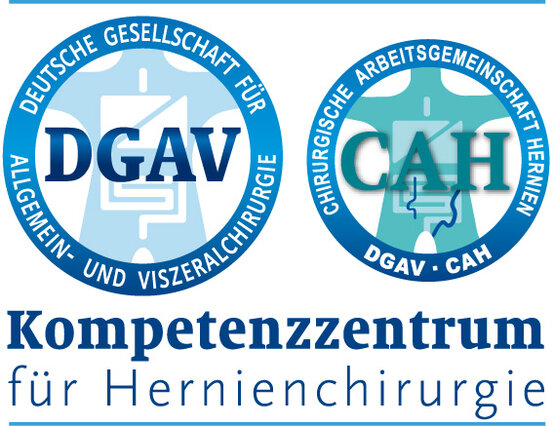 Zertifizierungslogo „Kompetenzzentrum für Hernienchirurgie“ der DGAV und CAH, Auszeichnung für spezialisierte Hernienchirurgie