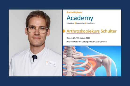 Prof. Dr. Lorbach im weißen Kittel neben Info zur Schulter-Arthroskopie-Fortbildung 2025