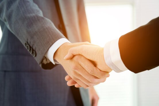 Zwei Personen in Anzügen geben sich die Hand für einen geschäftlichen Handschlag, Nahaufnahme der Hände, unscharfer, heller Hintergrund