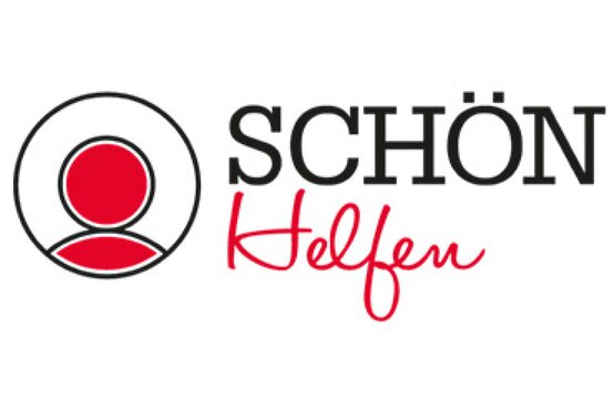 Logo mit stilisiertem Personen-Icon aus zwei roten Kreisen und schwarzen Linien, daneben Schriftzug „SCHÖN Helfen“, weißer Hintergrund