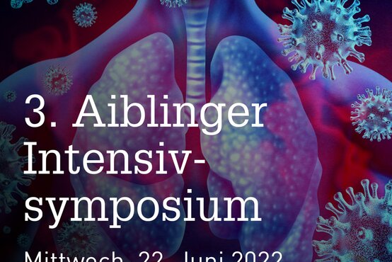 Illustration eines Oberkörpers mit blauer Lunge, umgeben von Viruspartikeln, Hinweis auf Intensivsymposium