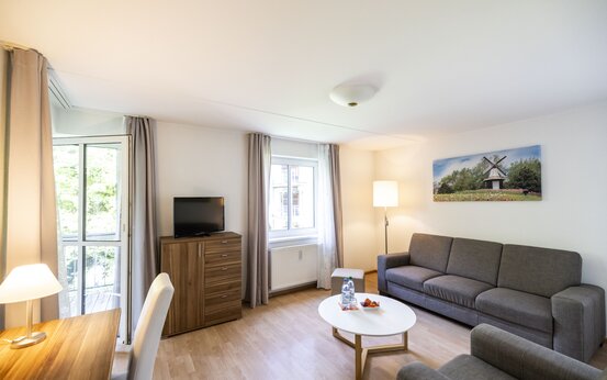 Helles Wohnzimmer mit grauem Sofa,  Couchtisch, Wasserflaschen, Snacks, Stehlampe, Kommode mit Fernseher, Fenster, Schreibtisch und Bild