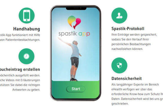 Smartphone mit Spastik-App zeigt vier Funktionen: Handhabung, Tagebuch, Protokoll und Datensicherheit