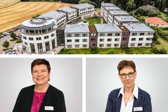 Luftaufnahme der Schön Klinik Bad Arolsen mit weißer Fassade, umgeben von Feldern, darunter Porträts zweier Mitarbeiterinnen mit Namensschild