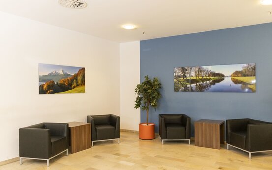 Moderner Wartebereich mit drei schwarzen Ledersesseln, Holztischen, Topfpflanze und Landschaftsfotografien auf blau-weißer Wand