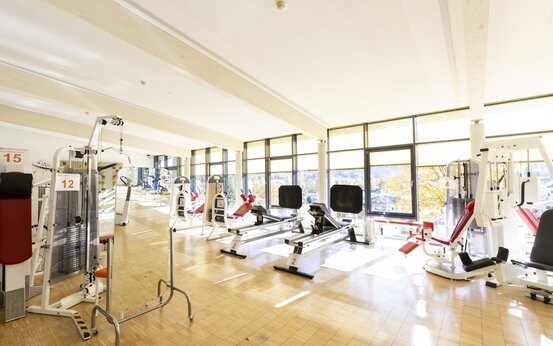 Heller Fitnessraum mit modernen Kraft- und Ausdauergeräten, bodentiefen Fenstern und Holzboden