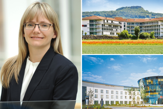 Collage mit Porträt einer Ärztin und zwei modernen Klinikgebäuden in grüner Landschaft