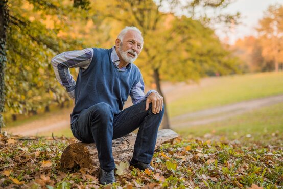 Älterer Mann mit grauem Haar sitzt im Park auf Baumstamm und hält sich schmerzhaft den unteren Rücken