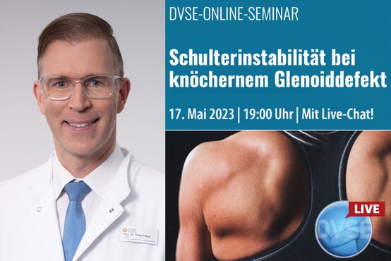Porträt von Prof. Dr. Thilo Patzer im weißen Kittel neben Banner für Online-Seminar „Schulterinstabilität bei Glenoiddefekt“ mit Live-Chat
