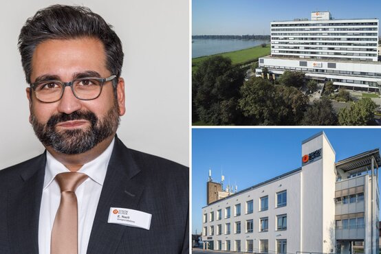 Porträt einer männlichen Person mit Brille und Namensschild, daneben moderne Klinikgebäude mit Schön Klinik Logo