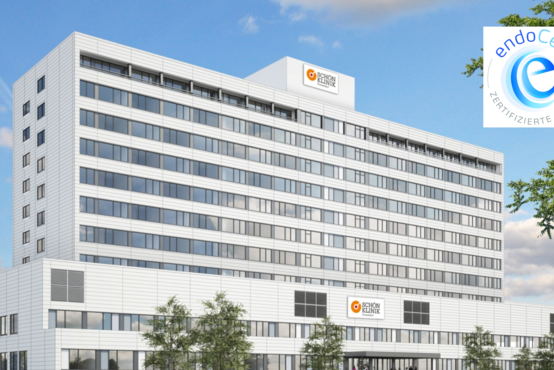 Modernes Klinikgebäude der Schön Klinik Düsseldorf mit großem Fensteranteil und endoCert-Zertifikat