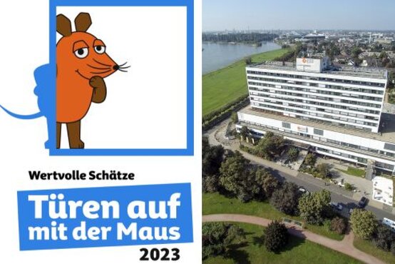 Zweiteiliges Bild: Links das Logo „Türen auf mit der Maus 2023“ mit der orangen Maus, rechts Luftaufnahme der Schön Klinik Düsseldorf