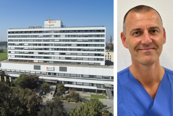 Luftaufnahme der Schön Klinik Düsseldorf, daneben Porträt eines Arztes im blauen OP-Kittel
