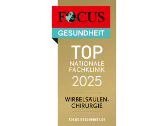 FOCUS-Siegel 2025 für Wirbelsäule in Gold und Rot, Auszeichnung für exzellente Wirbelsäulenchirurgie
