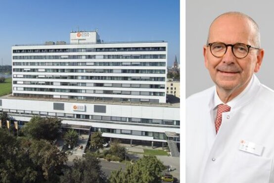 Luftaufnahme der Schön Klinik Düsseldorf, daneben Porträt eines Arztes