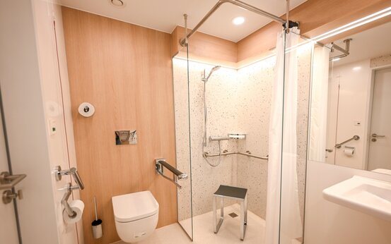 Klinik-Badezimmer mit ebenerdiger Dusche, Duschsitz, Haltegriffen, unterfahrbarem Waschbecken und WC