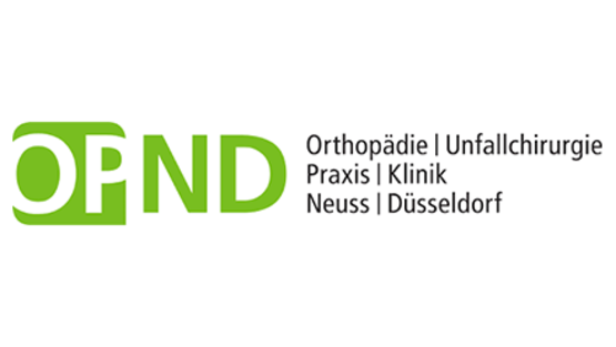 Logo der Orthopädie und Unfallchirurgie Praxis und Klinik Neuss Düsseldorf mit grünem OPND-Kürzel und schwarzem Schriftzug