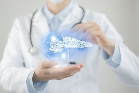 Arzt im weißen Kittel präsentiert holographische Darstellung der Bauchspeicheldrüse