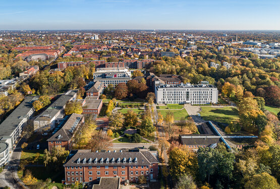Luftaufnahme der Schön Klinik Hamburg Eilbek mit heller Fassade, umgeben von herbstlichen Bäumen und Stadtgebiet bei Sonnenschein