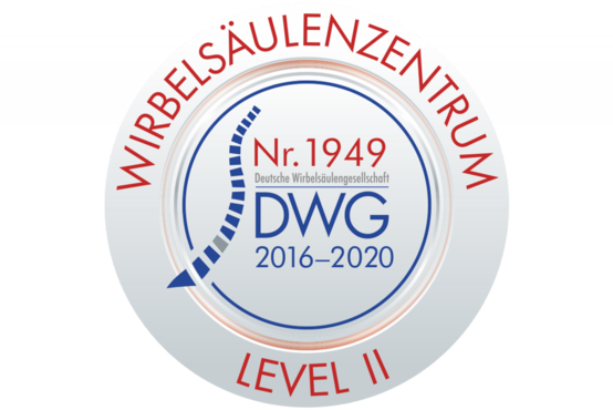 Qualitätssiegel der Deutschen Wirbelsäulengesellschaft (DWG), stilisierte blaue Wirbelsäule, Text „Wirbelsäulenzentrum Level II Nr. 1949 DWG 2016–2020“