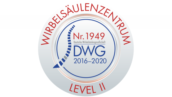 Qualitätssiegel der Deutschen Wirbelsäulengesellschaft (DWG), stilisierte blaue Wirbelsäule, Text „Wirbelsäulenzentrum Level II Nr. 1949 DWG 2016–2020“