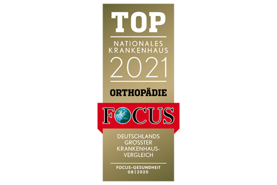 Goldenes Focus-Siegel „Top Nationales Krankenhaus 2021 Orthopädie“ für exzellente orthopädische Klinikqualität