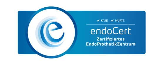 Zertifikat „endoCert – Zertifiziertes EndoProthetikZentrum“ für Knie und Hüfte, blau-weißes Design mit rundem endoCert-Logo