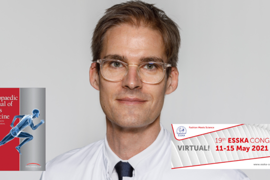 Porträt von Prof. Dr. Olaf Lorbach, links Logo "Ortopaedic Journal of Sports Medicine", rechts 19th ESSKA Congress