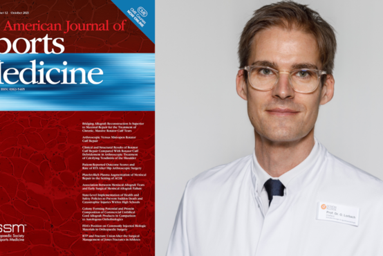 Porträt von Prof. Dr. Olaf Lorbach rechts, links Buchtitel " The American Journal of Sports Medicine"