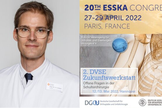 Porträt von Prof. Dr. Olaf Lorbach neben Ankündigung zu ESSKA-Kongress und DVSE-Zukunftswerkstatt
