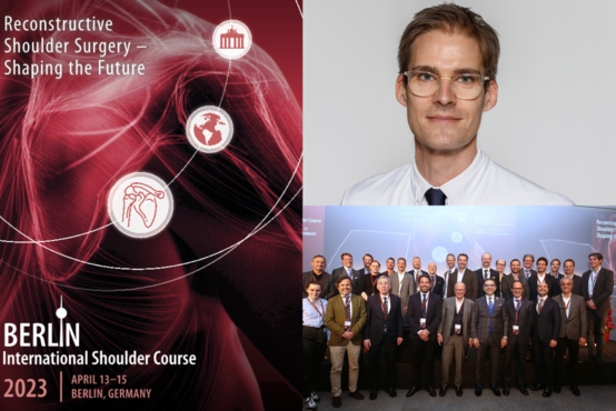 Collage: Poster „Berlin International Shoulder Course 2023“, Porträt von Prof. Dr. Olaf Lorbach, Gruppenfoto von Kongressteilnehmern