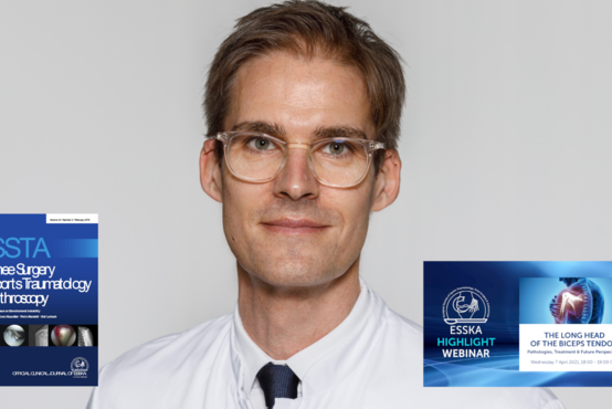 Porträt von Prof. Dr. Olaf Lorbach, links Logo "Knee Surgery Sports Traumatology Arthroscopy", rechts ESSKA Highlight Webinar