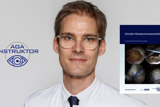 Porträt von Prof. Dr. Olaf Lorbach, links Logo "AGA Instruktor", rechts Bild Schulter-Rotatorenmanschette