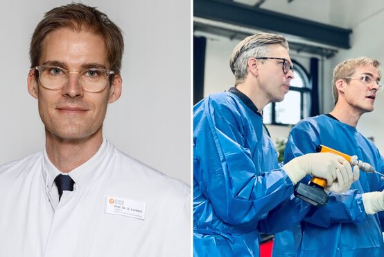 Zweigeteiltes Bild: links Porträt von Prof. Dr. Olaf Lorbach im weißen Kittel, rechts zwei Männer im blauen Kittel bei medizinischer Übung