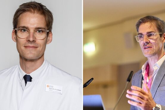 Zweigeteiltes Bild: links Porträt von Prof. Dr. Olaf Lorbach im weißen Kittel, rechts bei Rede an Mikrofon