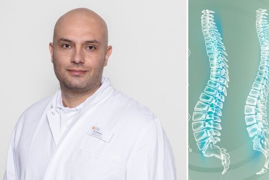Portrait von Arzt M. Elshafeai im weißen Kittel neben medizinischer Grafik mit gerader und gekrümmter Wirbelsäule (Skoliose)