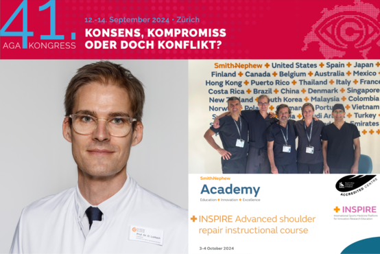 Collage: Poster „41. AGA Kongress“, Porträt von Prof. Dr. Olaf Lorbach, Gruppenfoto von Kongressteilnehmern