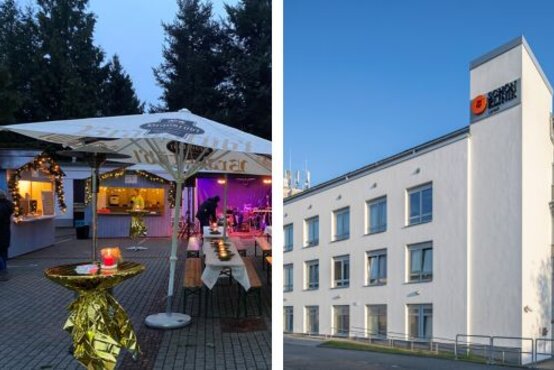 Zweigeteiltes Bild: Links Stehtische mit Kerzen und Sonnenschirm vor Verkaufsstand, rechts Schön Klinik Lorsch