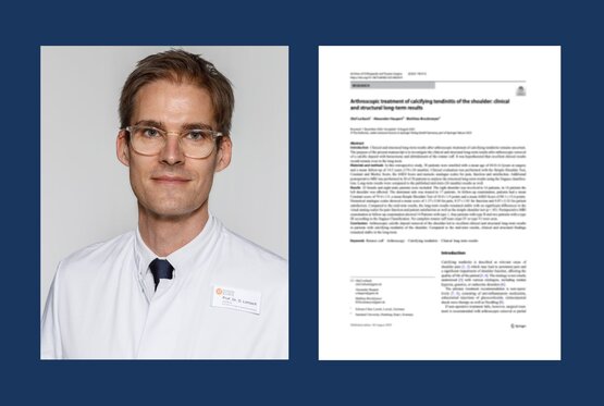 Prof. Dr. O. Lorbach im weißen Kittel neben Titelbild seines Artikels „Arthroscopic treatment of calcifying tendinitis of the shoulder: clinical and structural long-term results“.