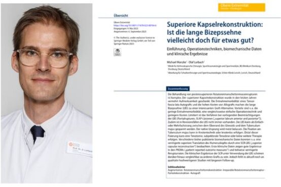 Porträt von Prof. Dr. Olaf Lorbach im weißen Kittel neben wissenschaftlichem Artikel zur Kapselrekonstruktion und Bizepssehne