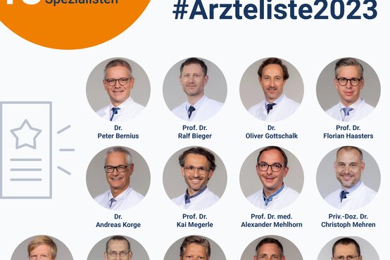 Gruppenfoto von 13 ausgezeichneten Fachärzten und Fachärztinnen der Schön Klinik München Harlaching, FOCUS Ärzteliste 2023, mit 16 Auszeichnungen
