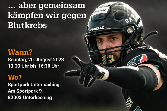 American-Football-Spieler zeigt nach vorne, Logos von Schön Klinik, Munich Ravens und Rhein Fire, Spendenaufruf gegen Blutkrebs