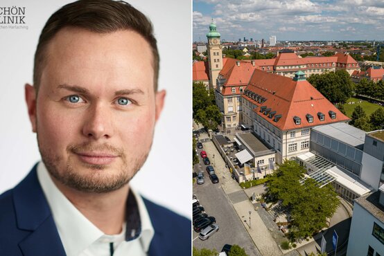 Porträt von Tim Egger, Klinikleiter, neben Luftaufnahme der Schön Klinik München Harlaching