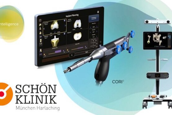 Digitale Grafik: CORI®-System mit Handgerät, Bildschirm mit 3D-Kniegelenk, Logo Schön Klinik München Harlaching