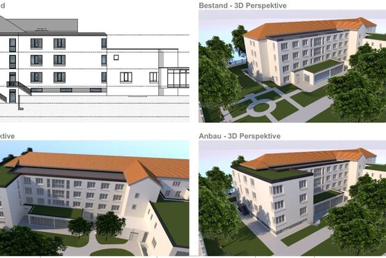 Architektonischer Grundriss und drei 3D-Visualisierungen der Schön Klinik München Schwabing mit Erweiterungsbau, Garten und Wegen