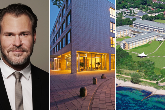Porträt eines männlichen Klinikleiters im Anzug, modernes Klinikgebäude mit Glasfassade am Abend, Luftaufnahme einer Klinik an der Küste