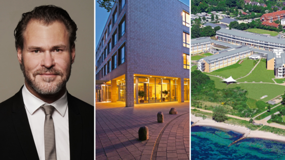 Porträt eines männlichen Klinikleiters im Anzug, modernes Klinikgebäude mit Glasfassade am Abend, Luftaufnahme einer Klinik an der Küste