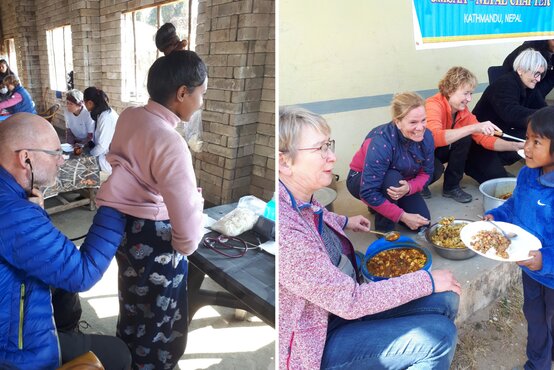 Mehrere Erwachsene untersuchen Kinder medizinisch und verteilen Essen an Kinder in einer einfachen Einrichtung
