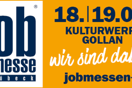 Grafik zur Jobmesse Lübeck mit Logo, Datum 18. und 19. März, Kulturwerft Gollan und Hinweis „wir sind dabei!“