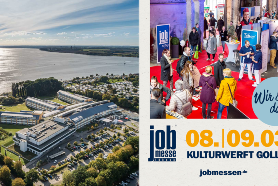 Zweiteilige Grafik: links Luftaufnahme der Schön Klinik München, rechts Foto einer Jobmesse mit Text „jobmesse lübeck 08|09.03. KULTURWERFT GOLLAN“